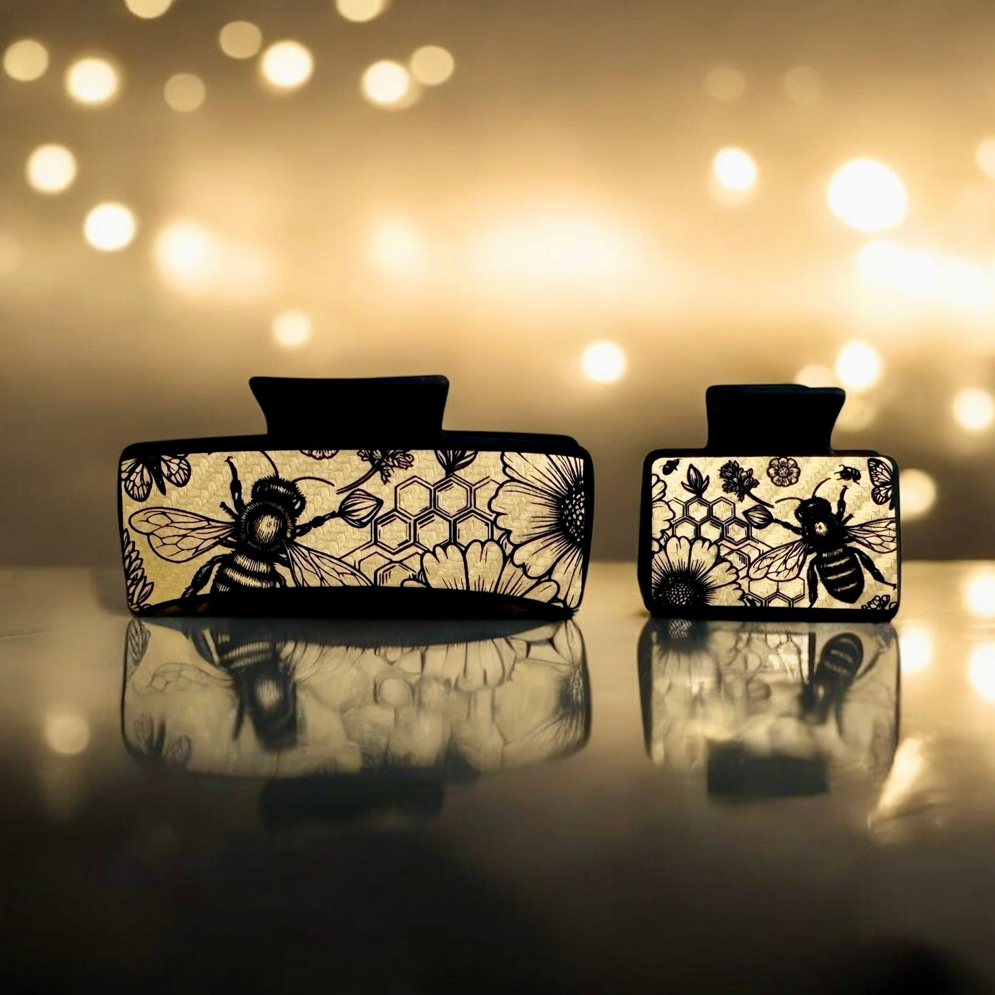 Claw Clip: Bees & Honeycomb on Gold Carbon Fiber Leatherette